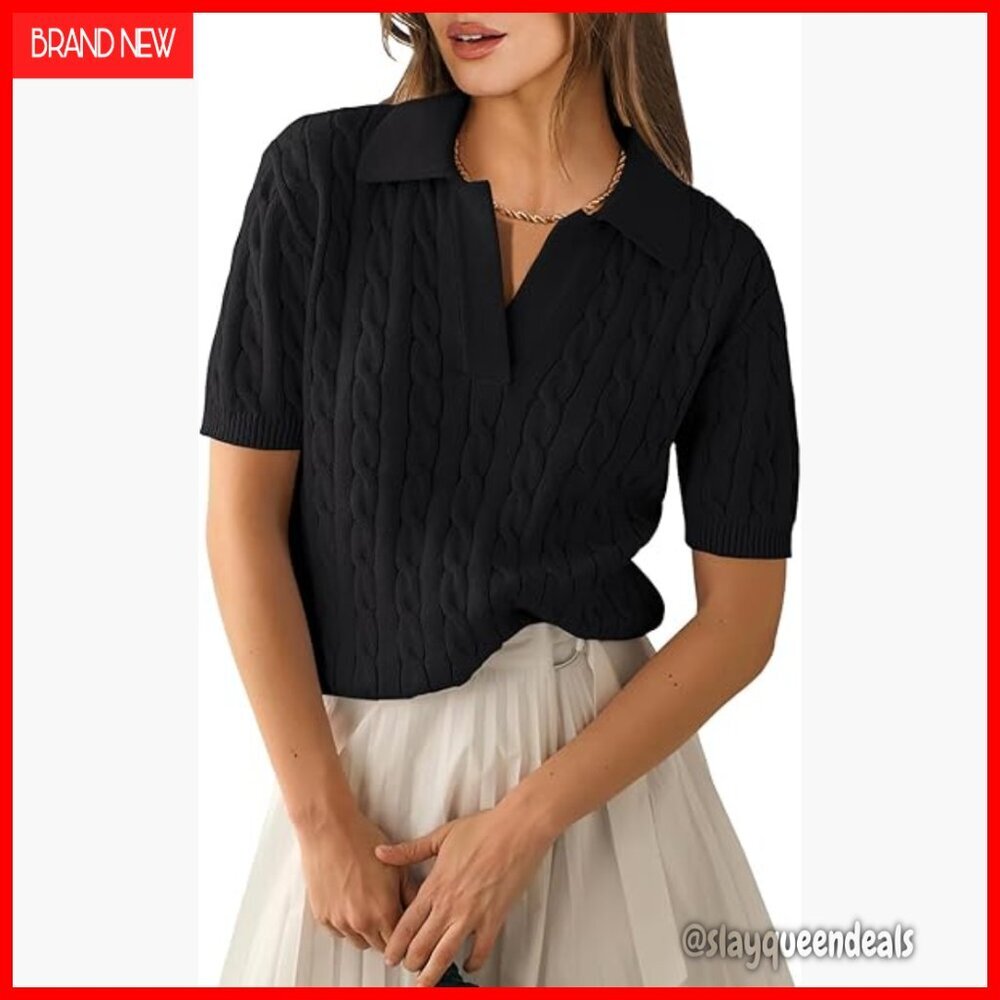 Short Sleeve V-Neck Cable Knit Sweater Top Loose Fit Summer Casual